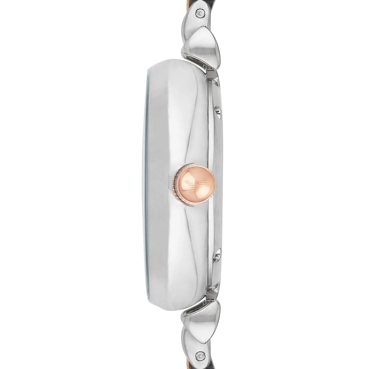 Side view of Emporio Armani AR1992 watch case with rose gold crown and two-tone metal construction