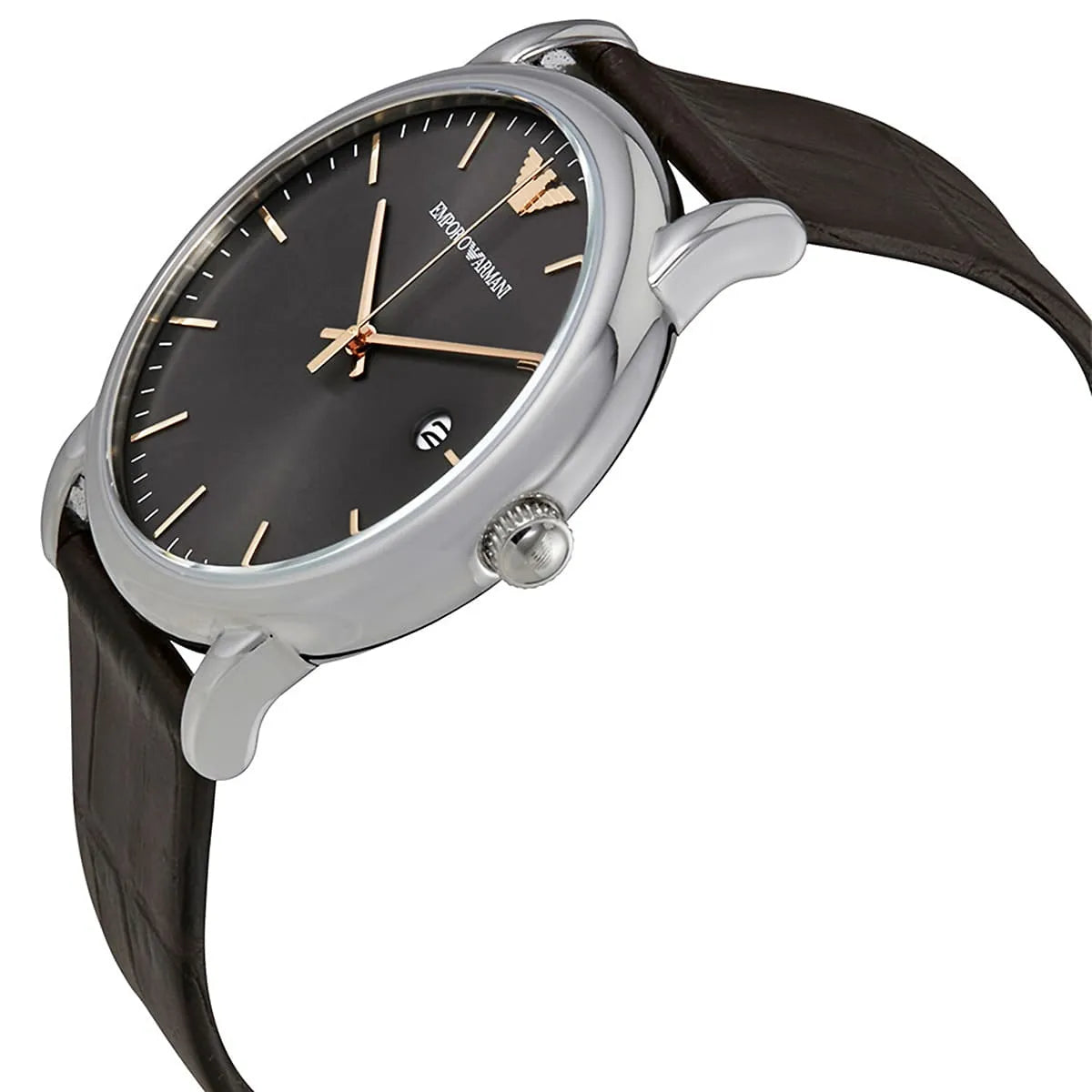 Emporio Armani Luigi watch side view with stainless steel case and brown crocodile leather strap