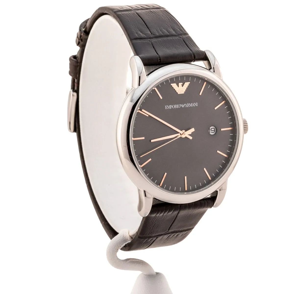 Emporio Armani Luigi 42mm watch worn on wrist with brown leather strap