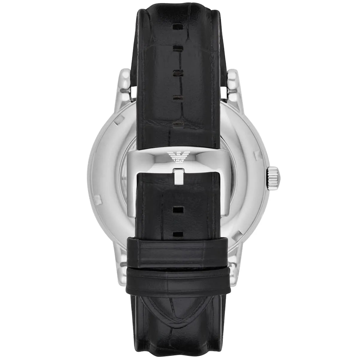 Emporio Armani Meccanico AR1997 caseback showing silver stainless steel and black leather strap