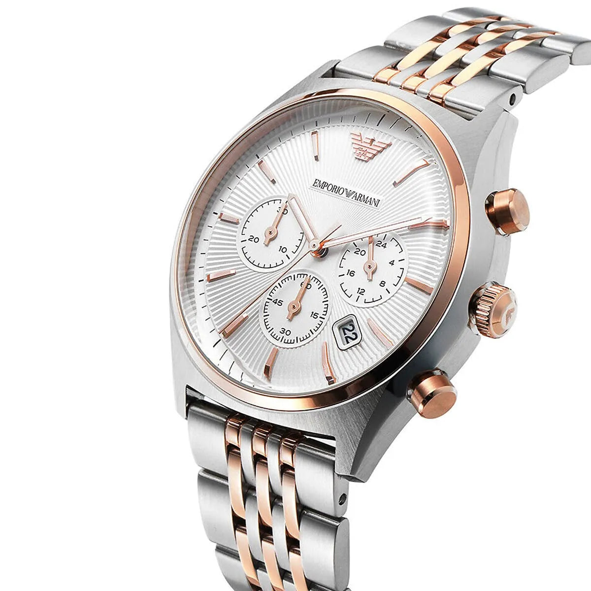 Emporio Armani Zeta chronograph watch side angle with rose gold pushers
