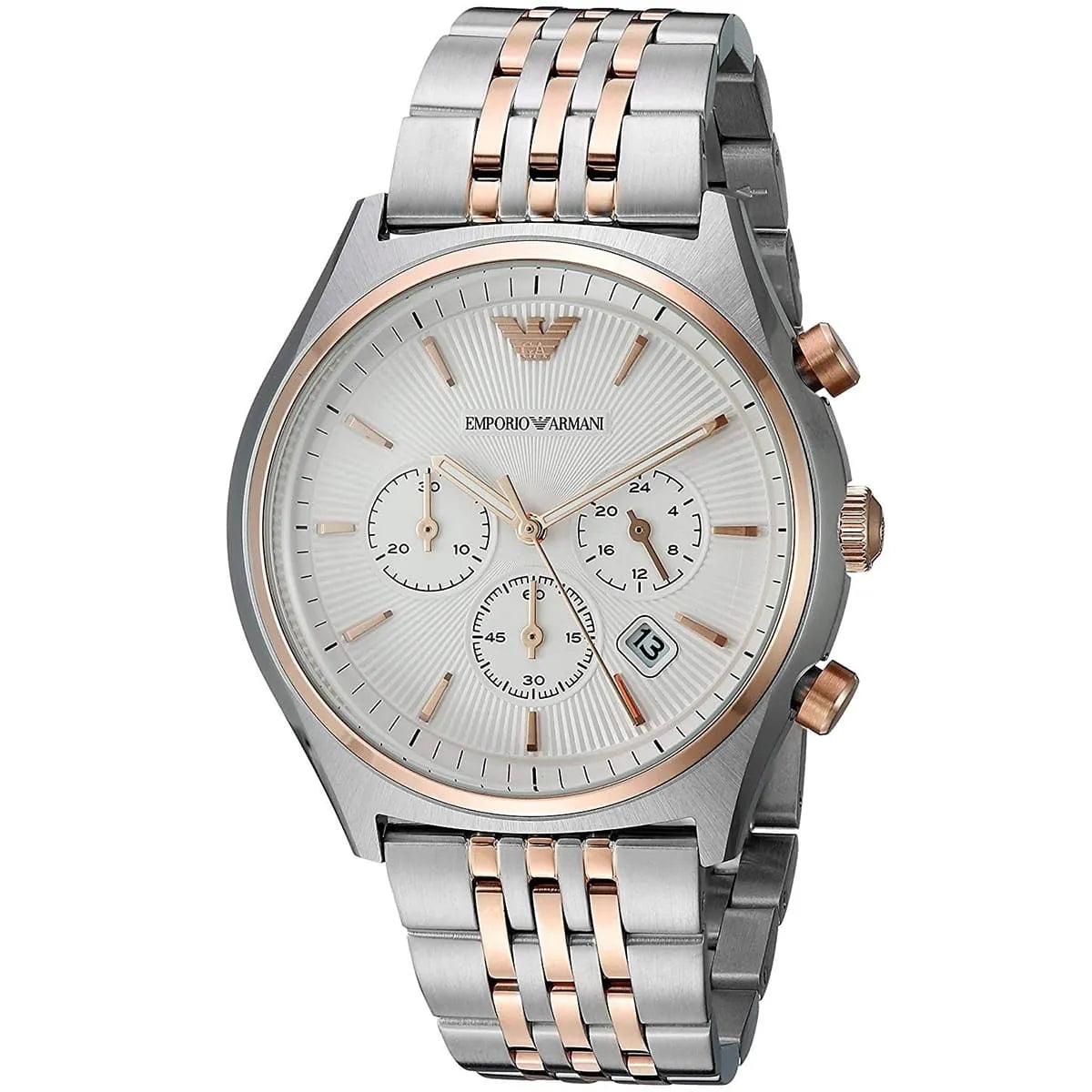 Emporio Armani Zeta chronograph watch angled view with subdial chronographs