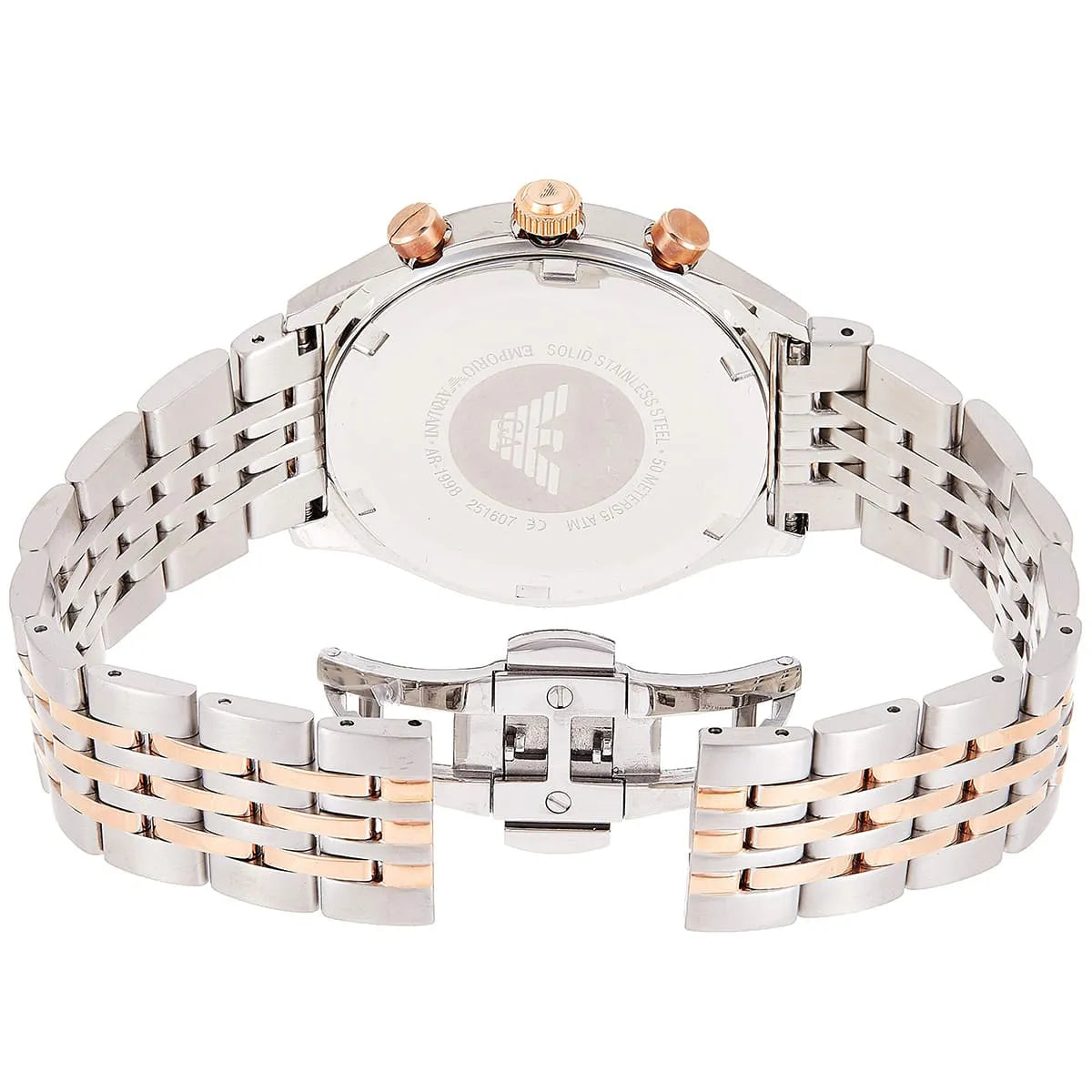 Emporio Armani Zeta watch caseback with two-tone steel and rose gold strap