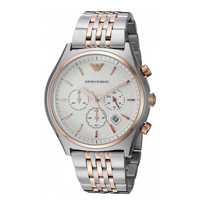 Emporio Armani Zeta chronograph watch with white dial and two-tone steel strap