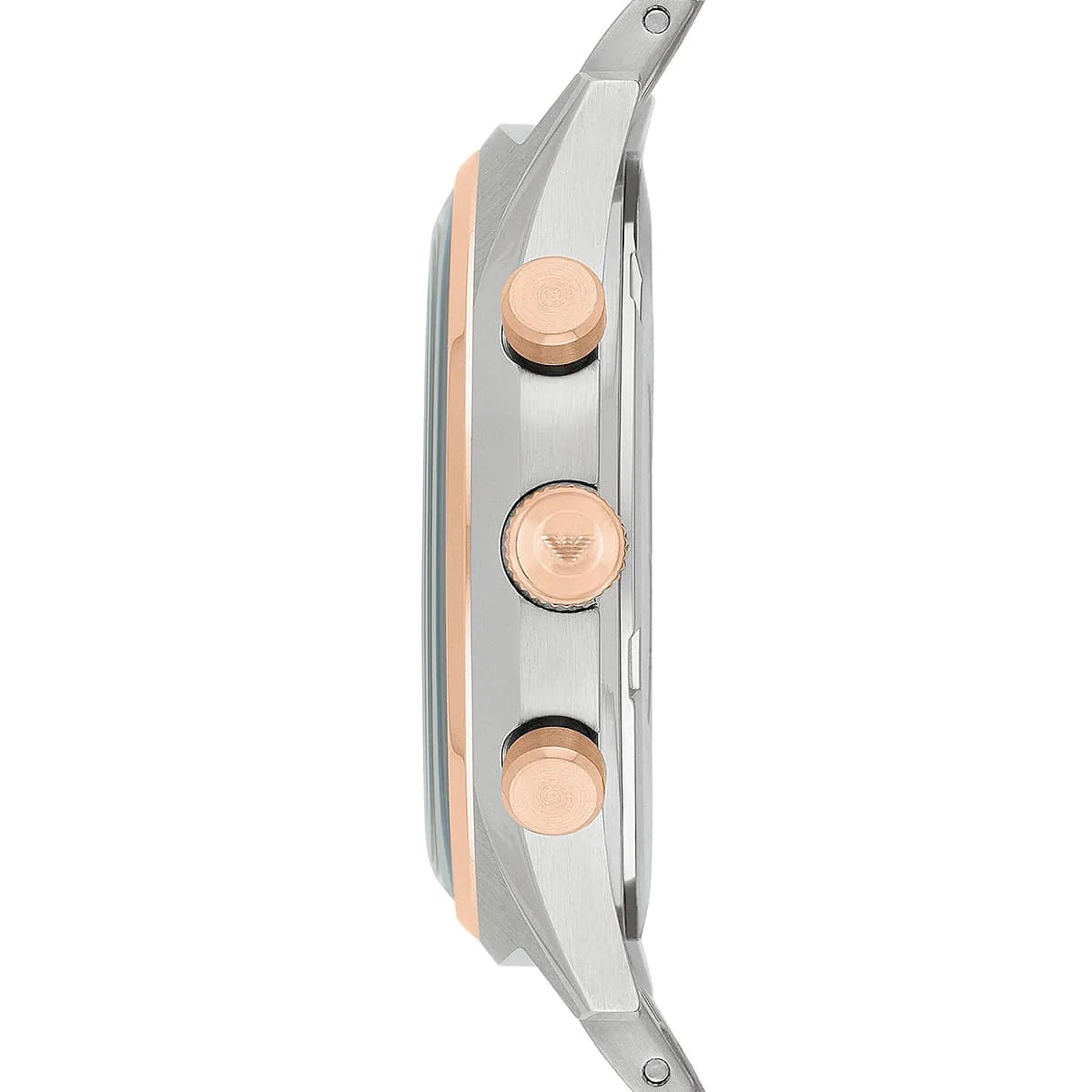 Emporio Armani Zeta chronograph watch side view showing rose gold pushers and bezel