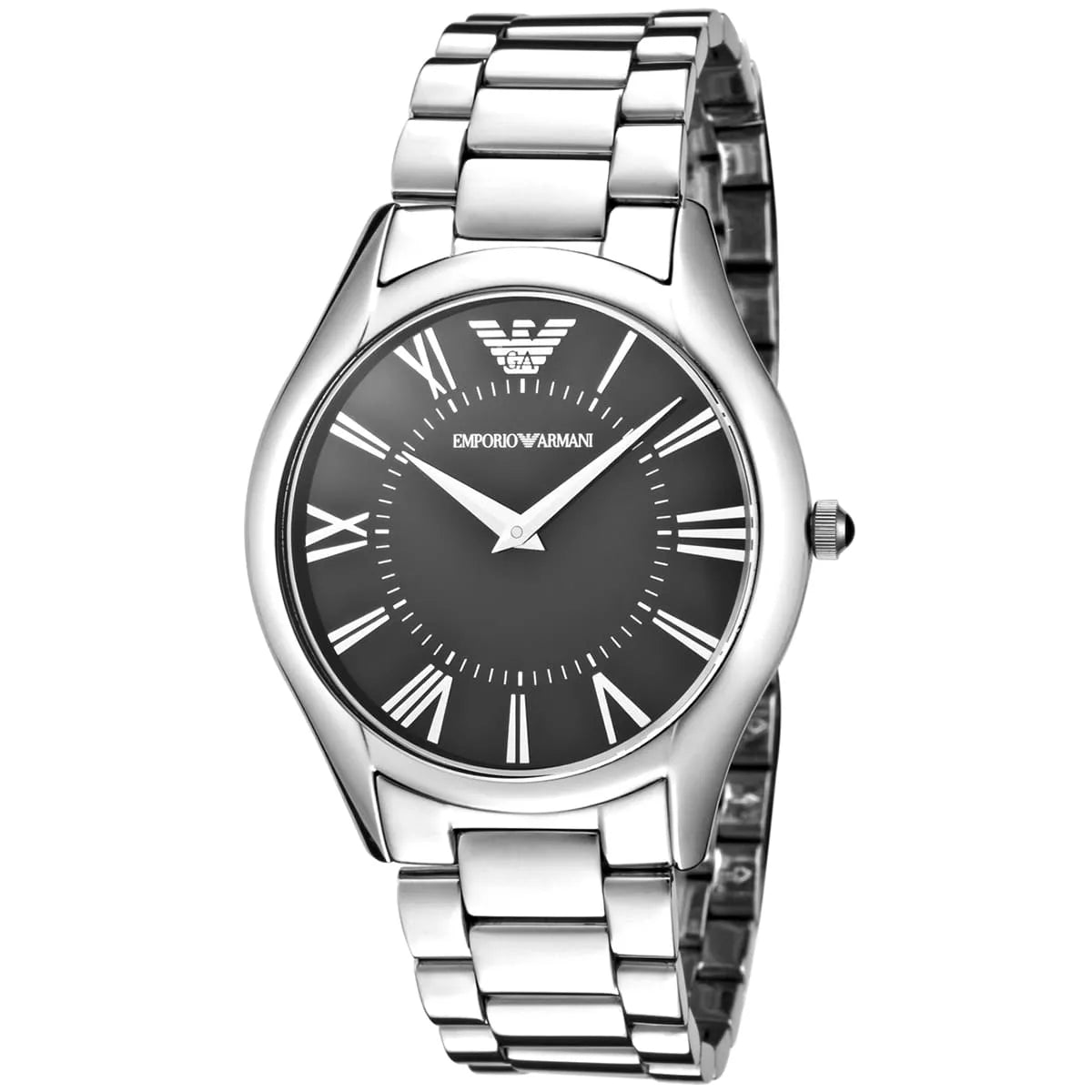 Emporio Armani Valente Slim watch with black dial, silver steel strap, and Roman numeral markers