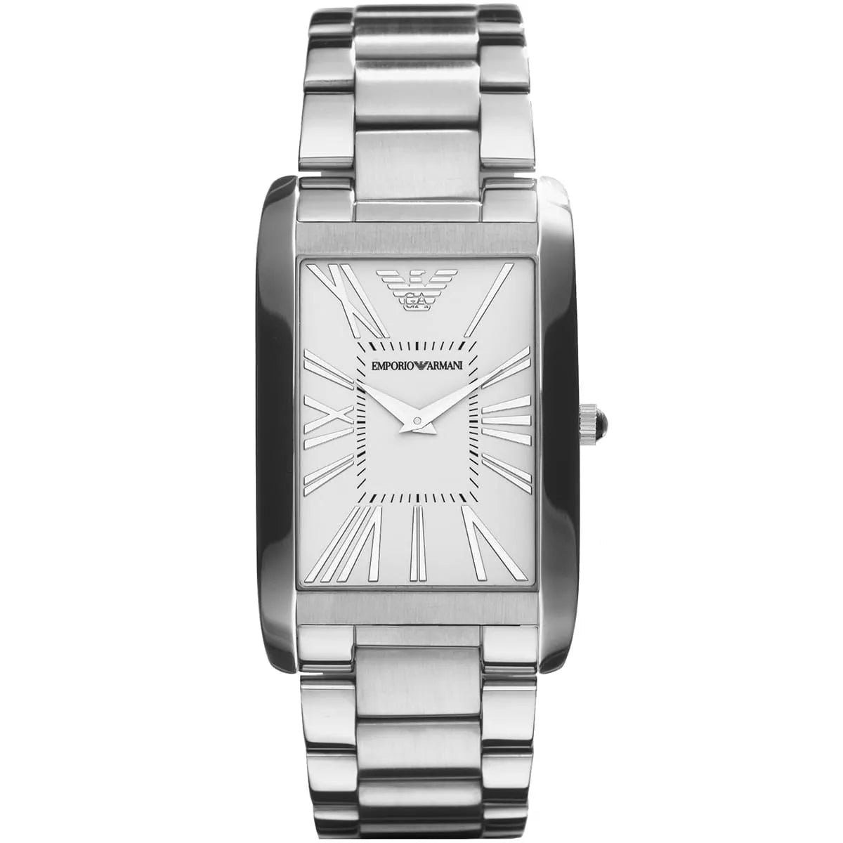 Emporio Armani AR2036 men's watch with white rectangular dial, silver stainless steel case and bracelet