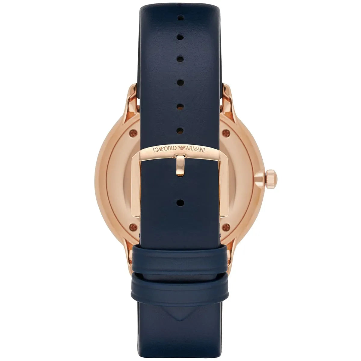 Emporio Armani AR2071 caseback showing rose gold case with Emporio Armani branding and blue leather strap