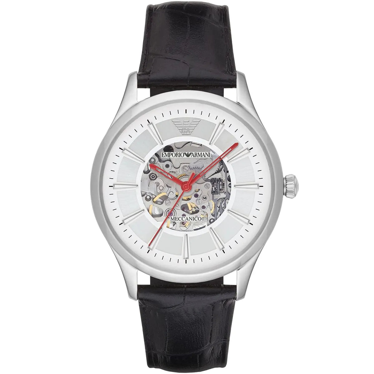 Emporio Armani Meccanico AR2072 watch with silver skeleton dial, red hands, and black leather strap