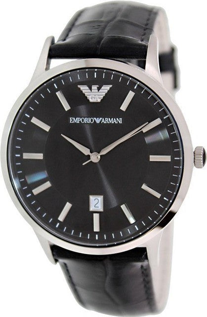 Emporio Armani Renato watch angled view showing case and black leather strap
