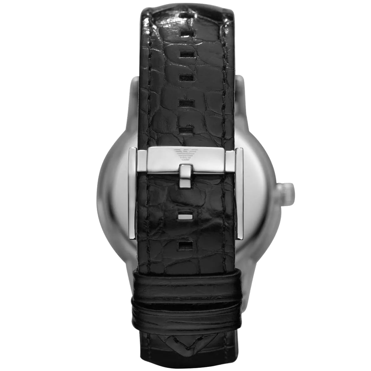 Emporio Armani Renato watch caseback showing stainless steel case and leather strap