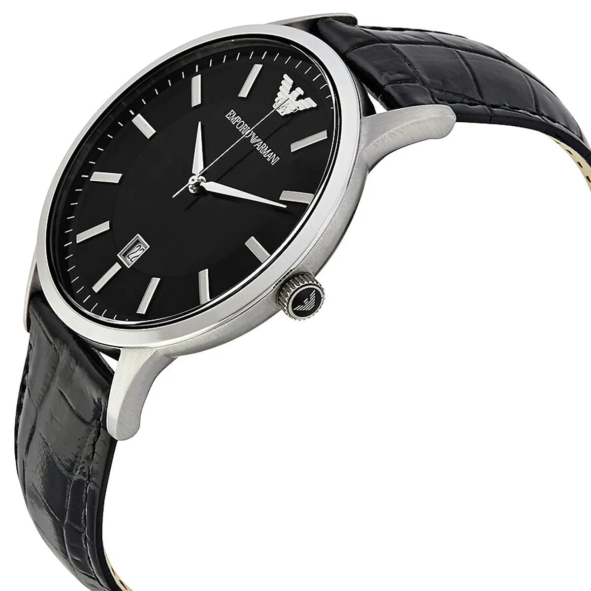 Emporio Armani Renato watch worn on wrist with black dial and crocodile-pattern leather strap