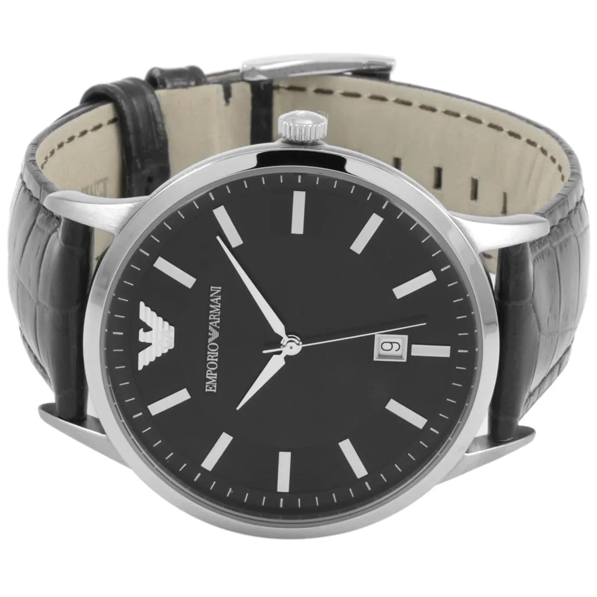 Emporio Armani Renato watch on wrist displaying black dial and crocodile leather strap