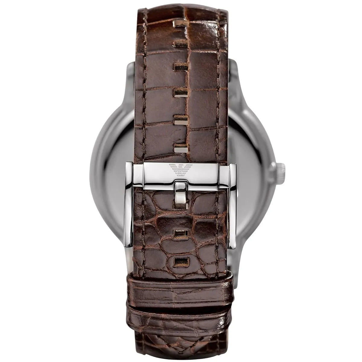 AR2413 Emporio Armani case back showing leather strap attachment and closure