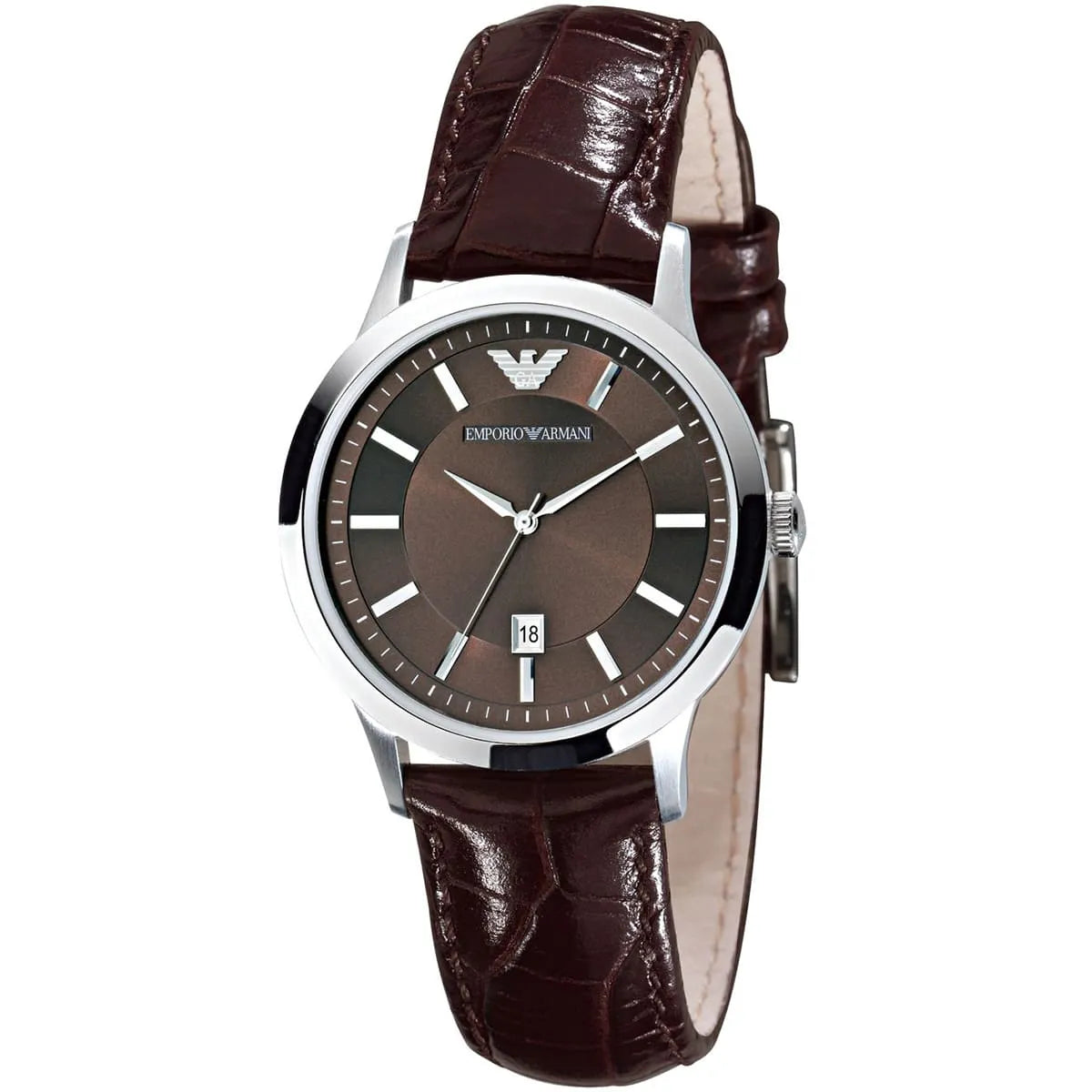 AR2414 Emporio Armani watch at 45-degree angle showing brown crocodile leather strap and dial