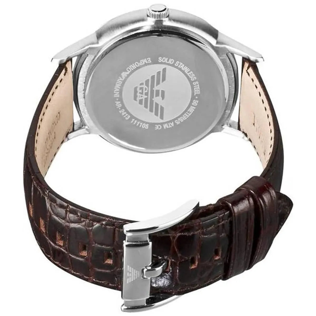 AR2414 Emporio Armani watch case detail showing silver metal finish and crown