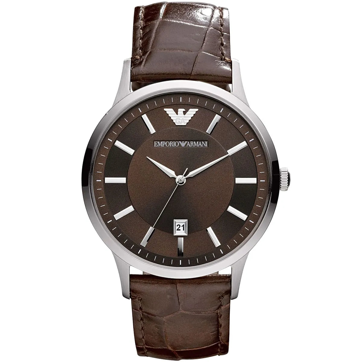 Emporio Armani AR2414 watch with brown dial, brown leather strap, and silver tone case