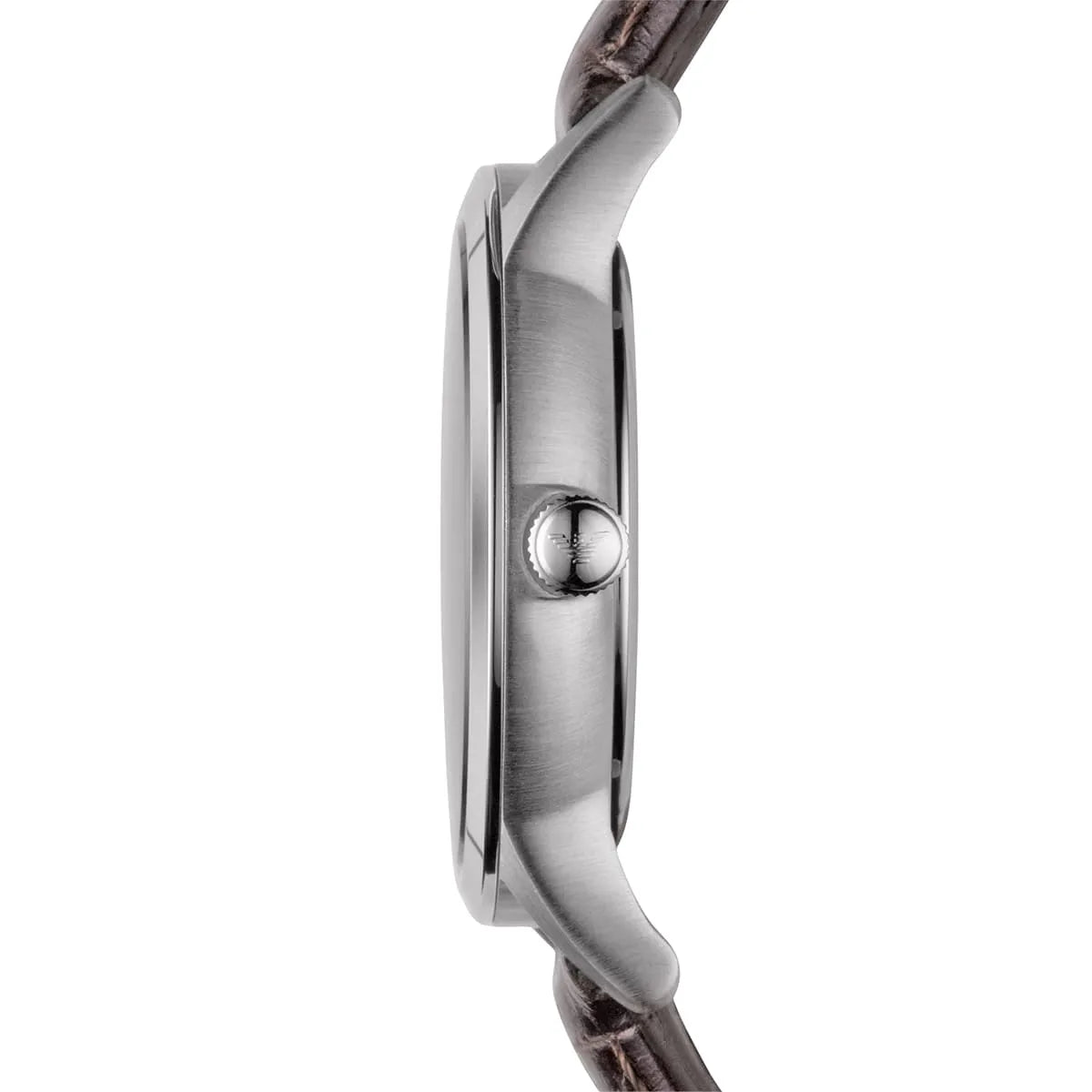 AR2414 Emporio Armani watch side profile showing case thickness and brown leather strap