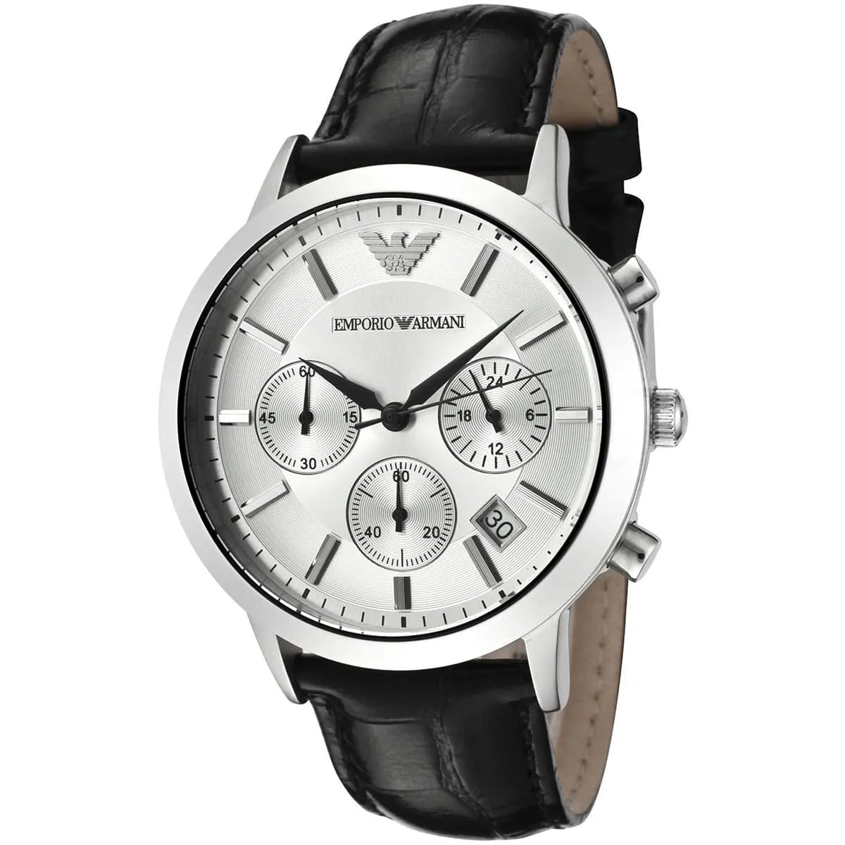Emporio Armani Renato Uni men's chronograph watch with silver dial and black leather strap