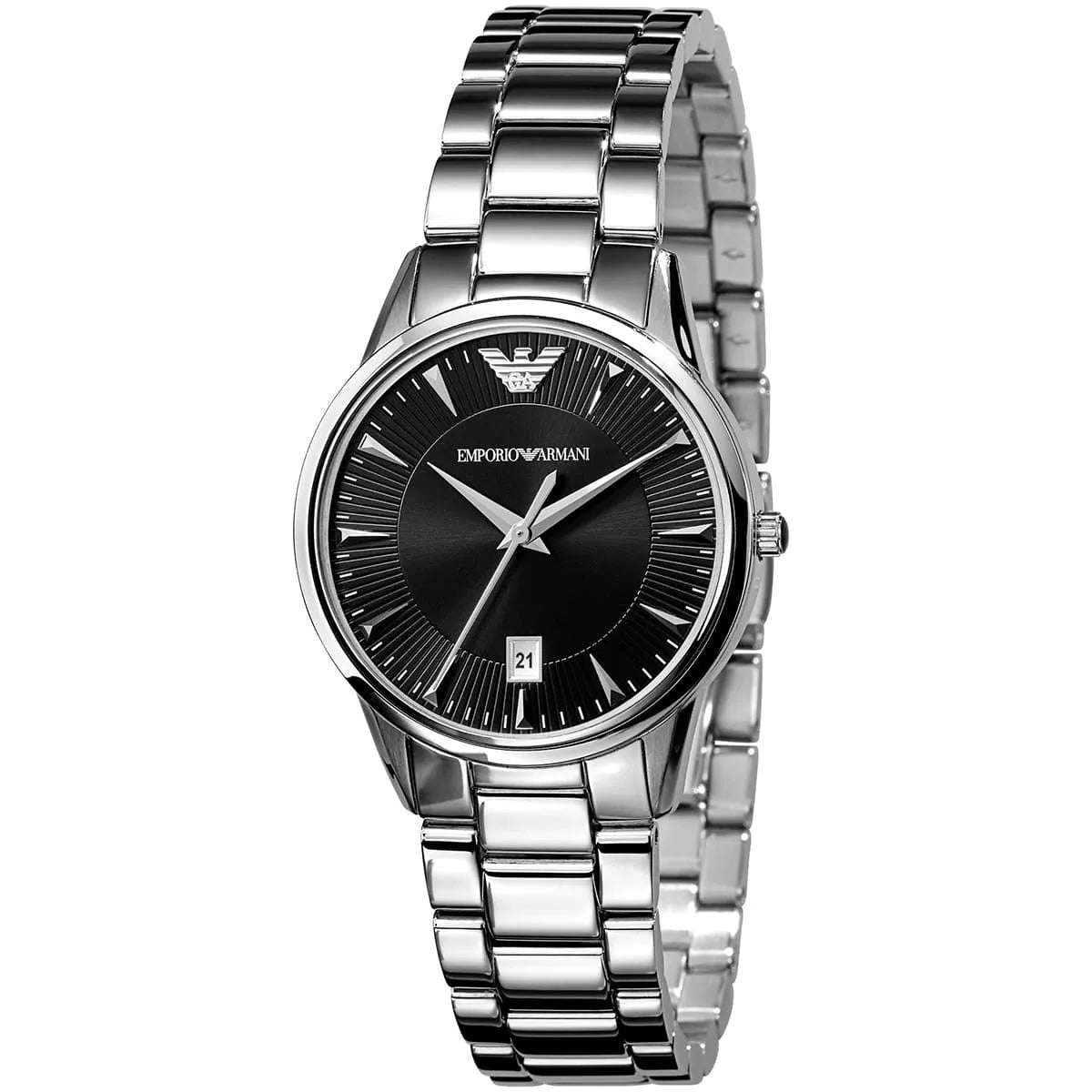 Emporio Armani AR2441 women's watch with black dial, silver stainless steel bracelet, and date window