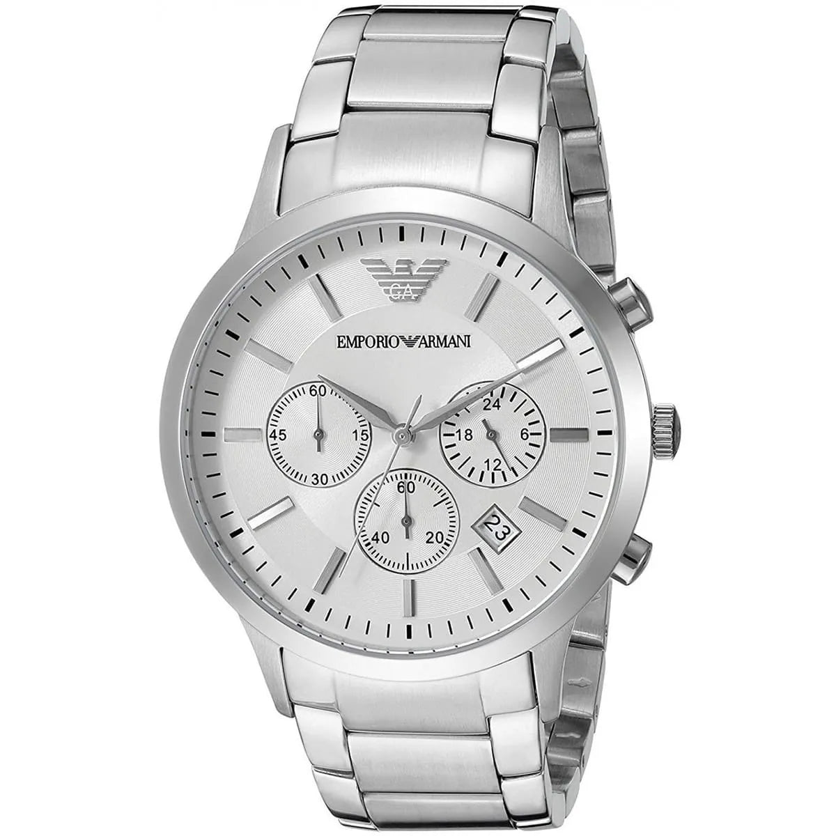 Emporio Armani Renato AR2459 chronograph watch with white dial and silver stainless steel bracelet