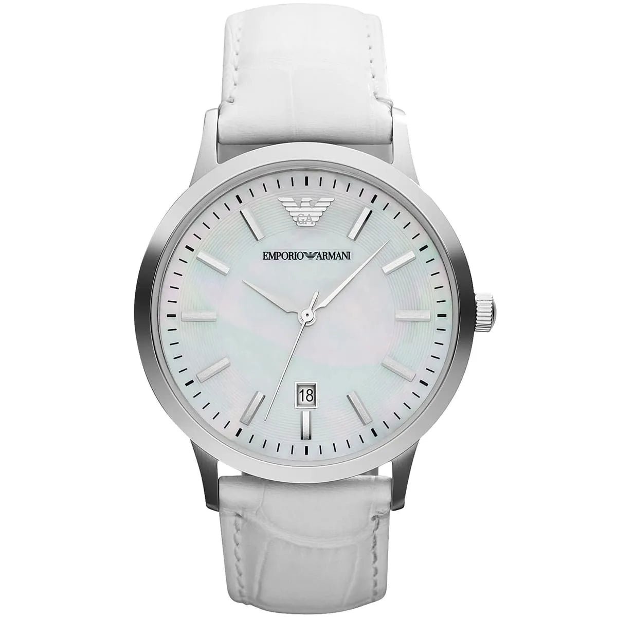 Emporio Armani Renato women's watch with mother-of-pearl white dial and white leather strap