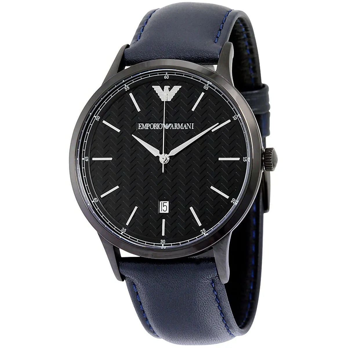 Emporio Armani Renato AR2479 watch with navy dial and blue leather strap on wrist
