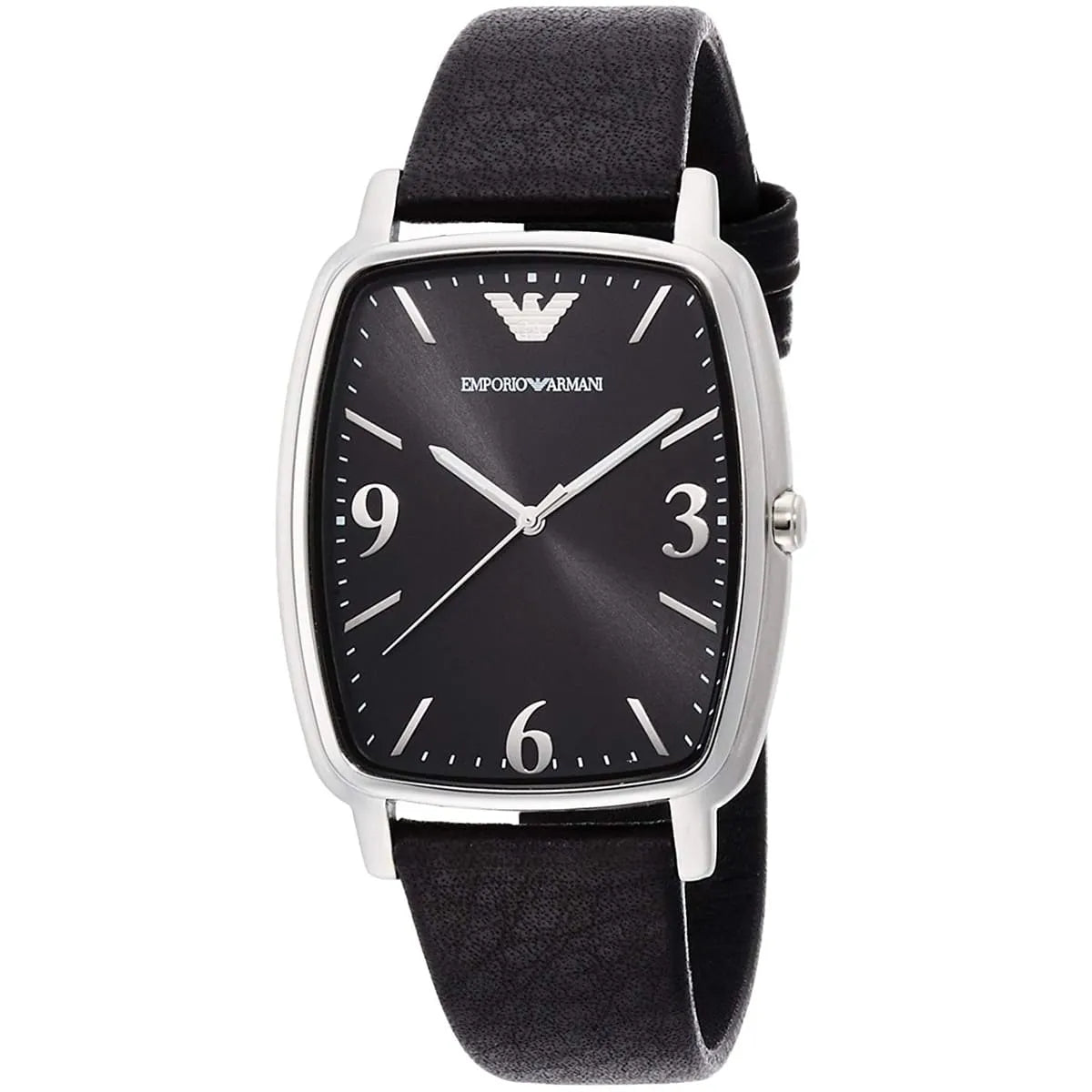 Emporio Armani AR2490 square black dial watch with leather strap front view