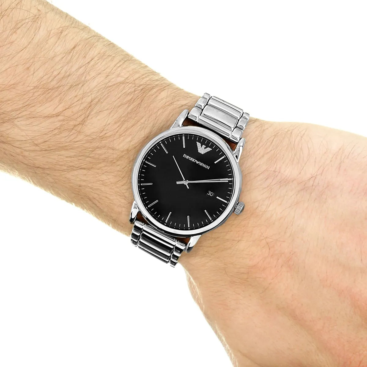 Emporio Armani Luigi AR2499 watch worn on wrist with silver metal strap