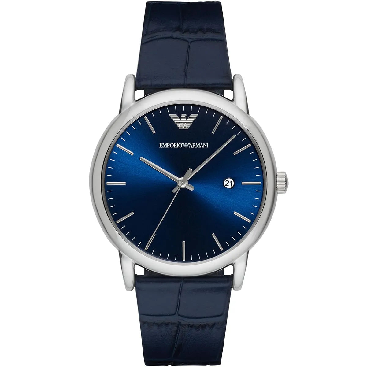 Emporio Armani AR2501 watch with blue dial, silver case, and blue leather strap