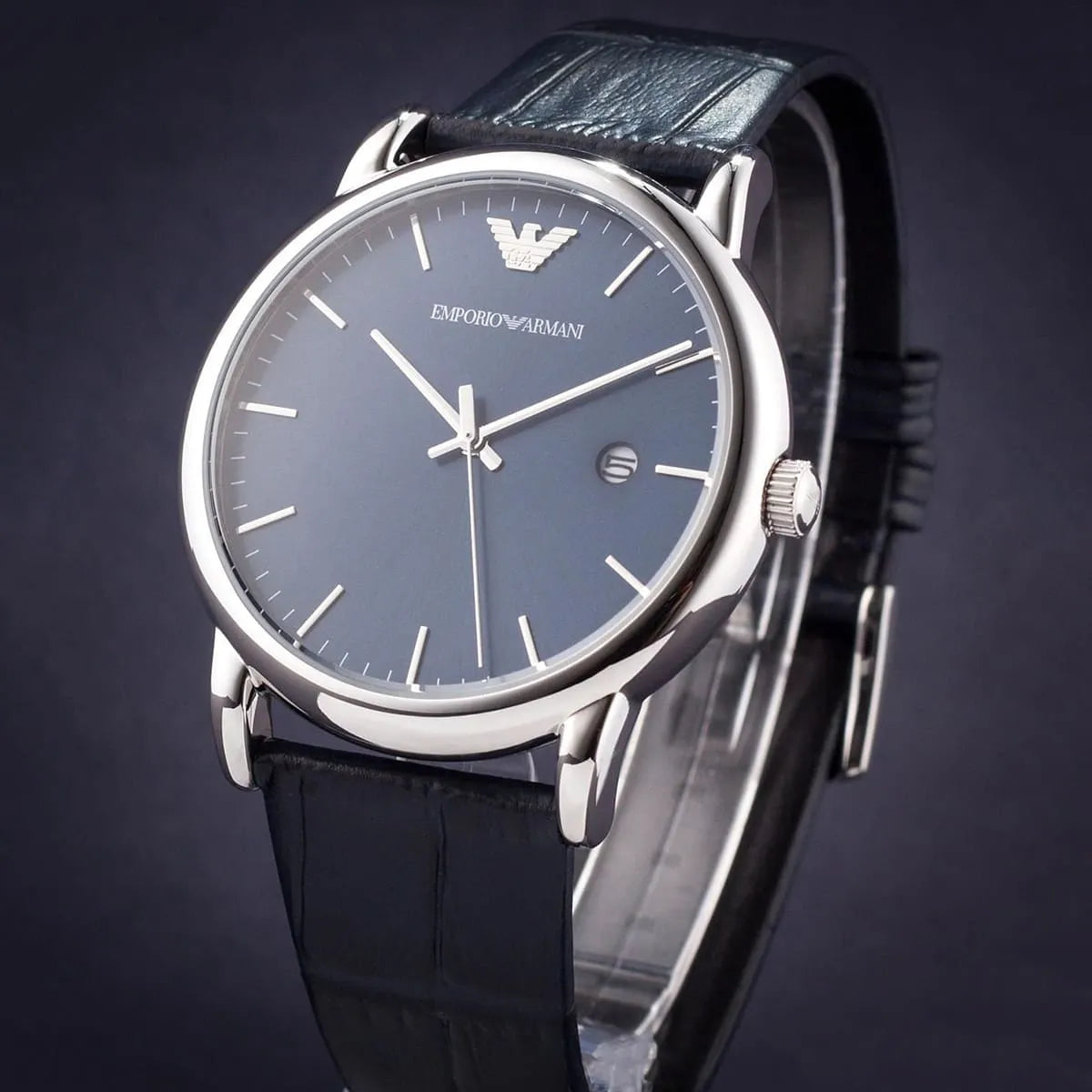 Emporio Armani AR2501 men's dress watch with blue dial and croc-embossed strap