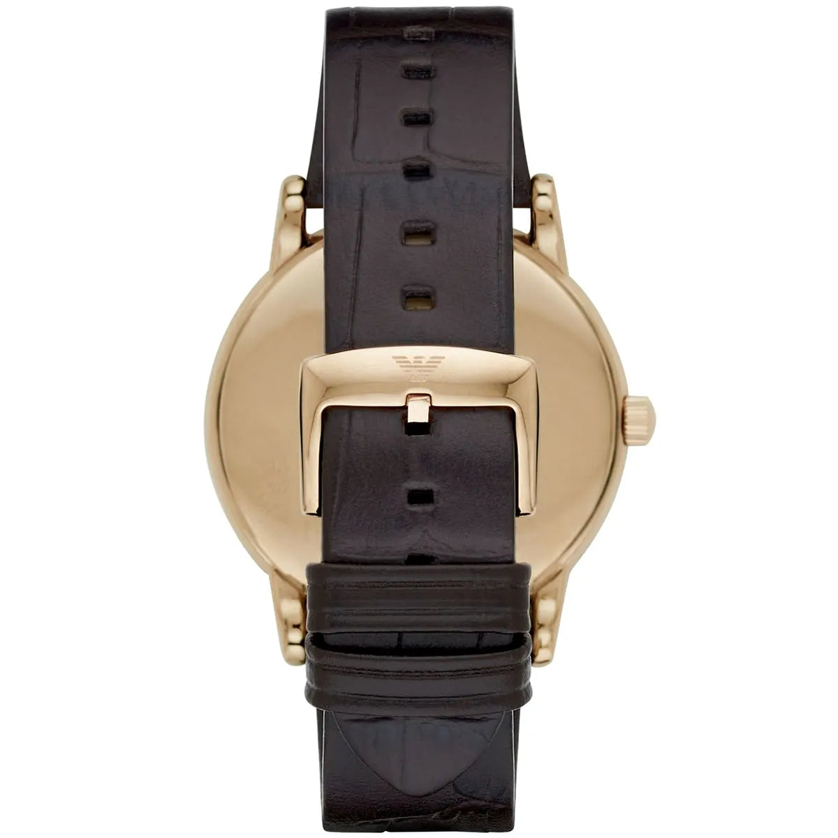 Emporio Armani Luigi AR2503 caseback view with rose gold case and brown leather strap