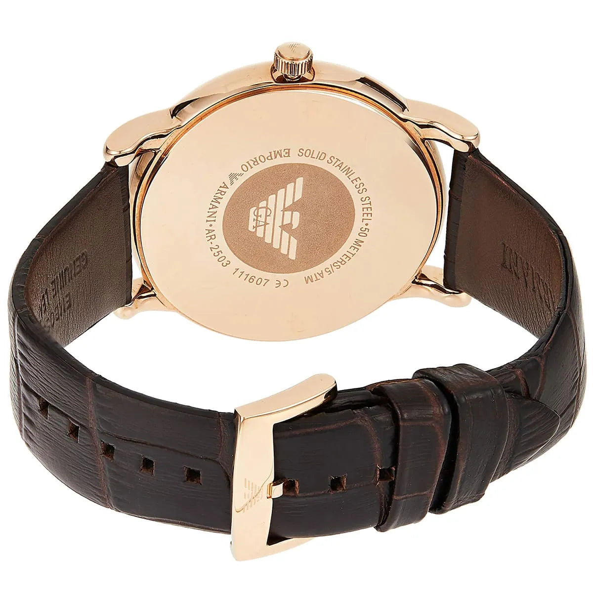 Emporio Armani Luigi AR2503 caseback engraving detail on rose gold case