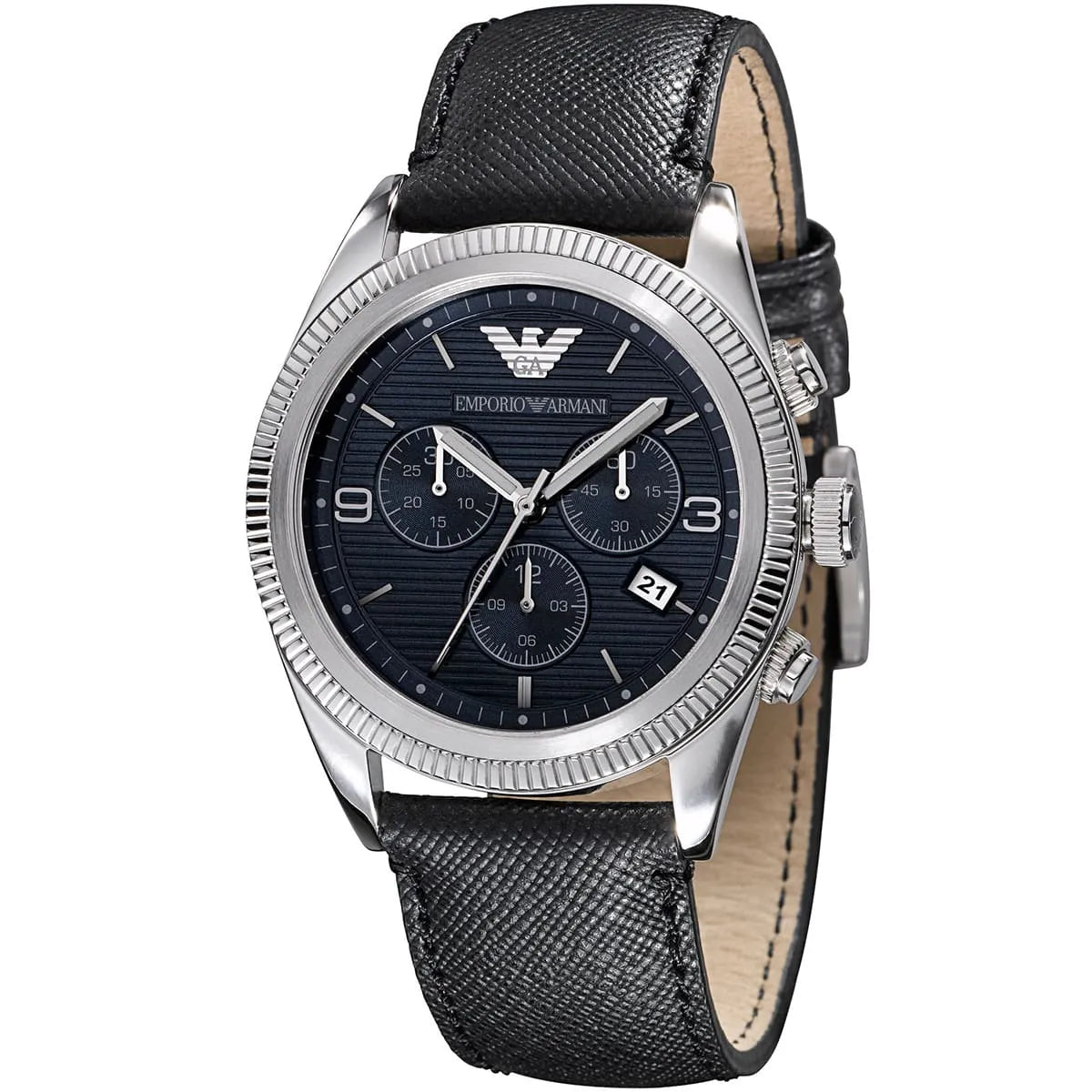 Emporio Armani AR5896 black chronograph watch with stainless steel case and black leather strap