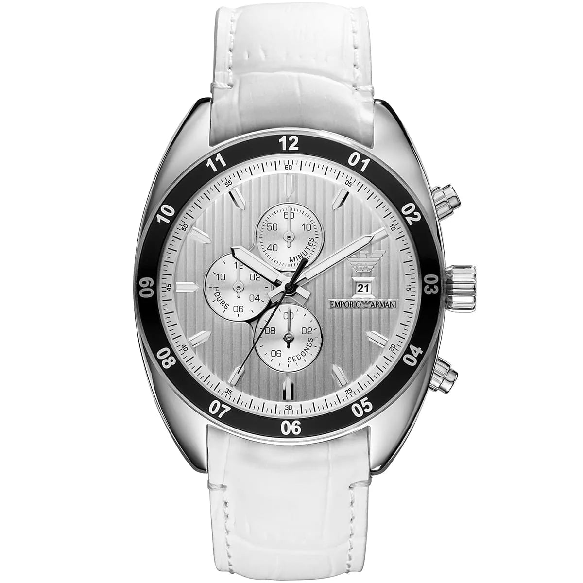 Emporio Armani Sportivo AR5915 men's chronograph watch with white dial and white leather strap