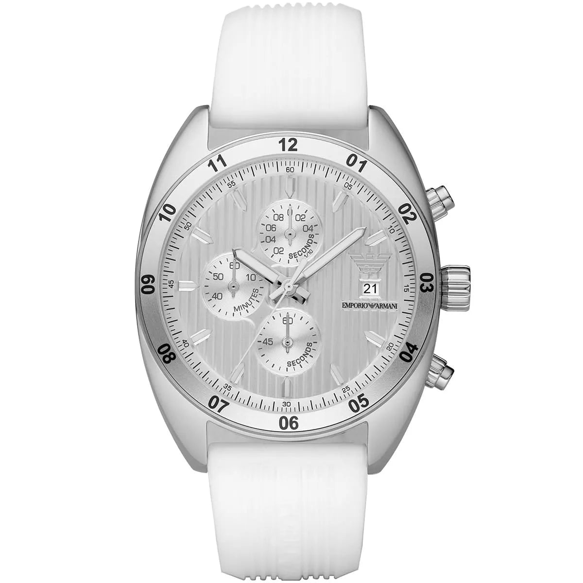 Emporio Armani AR5929 chronograph watch with silver textured dial and white rubber strap