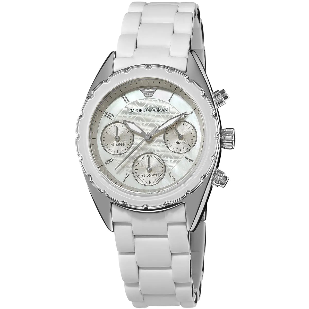Three-quarter view of Emporio Armani Sportivo AR5941 showing white dial with subdials and white metal bracelet strap