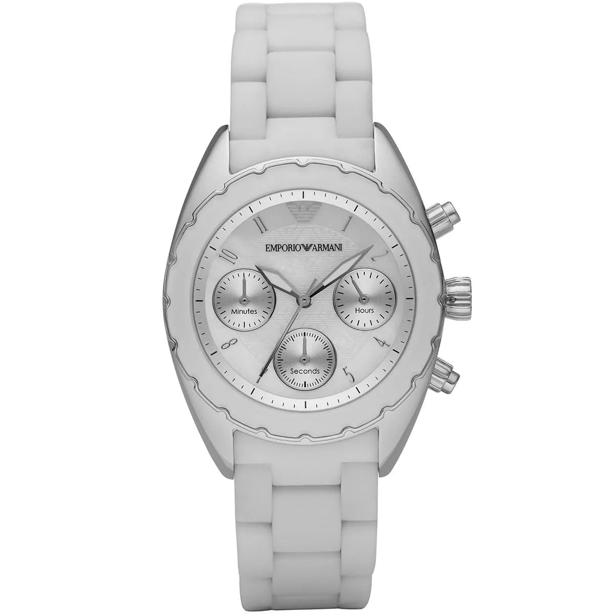 Emporio Armani Sportivo AR5941 white dial chronograph watch with stainless steel and white rubber strap