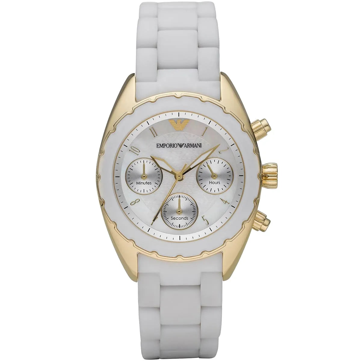 Emporio Armani AR5945 white chronograph watch with gold case and white rubber strap