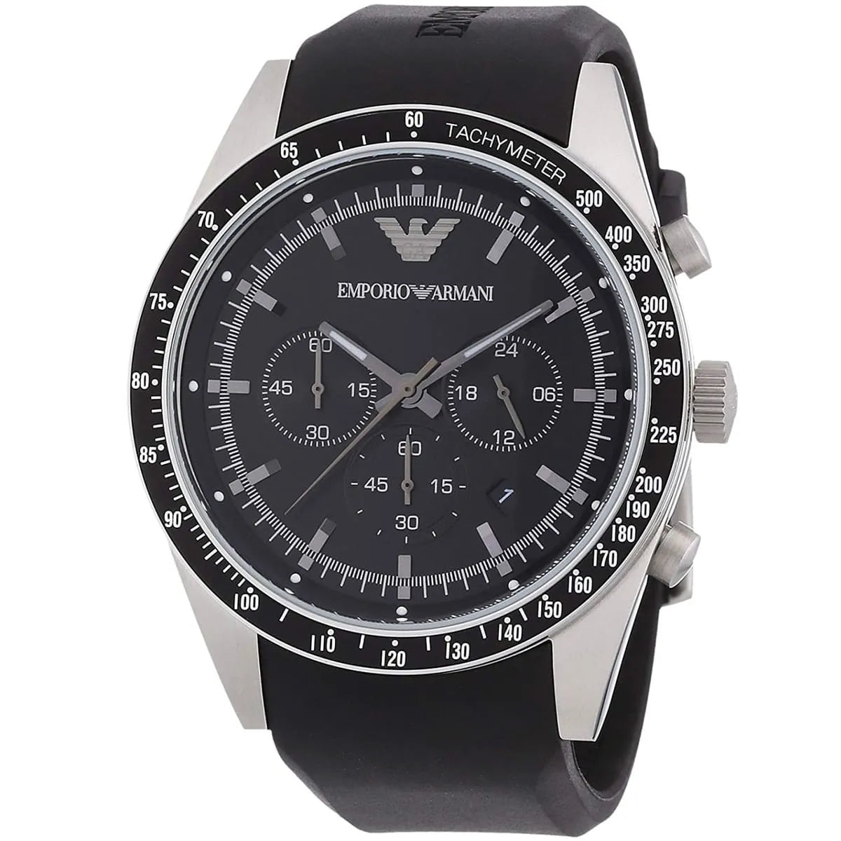 Emporio Armani AR5985 three-dial chronograph with tachymeter bezel at angle