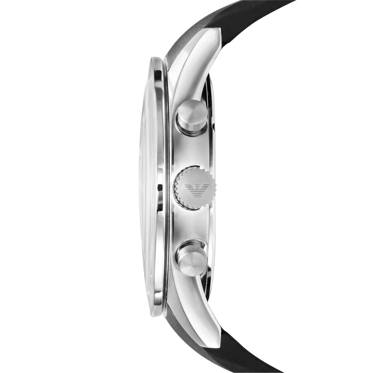 Emporio Armani AR5985 side profile showing stainless steel case and pushers