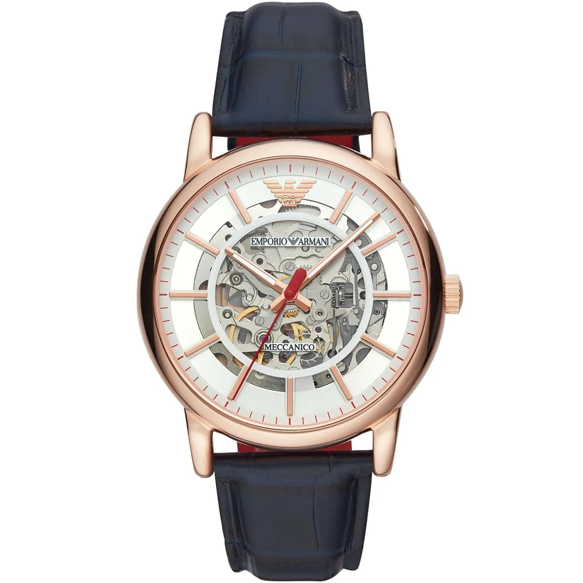 Emporio Armani AR60009 skeleton automatic watch with white dial and rose gold case on navy leather strap