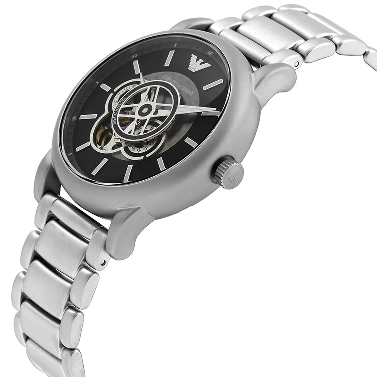 Emporio Armani AR60021 watch shown at angle with silver metal bracelet and black skeleton dial