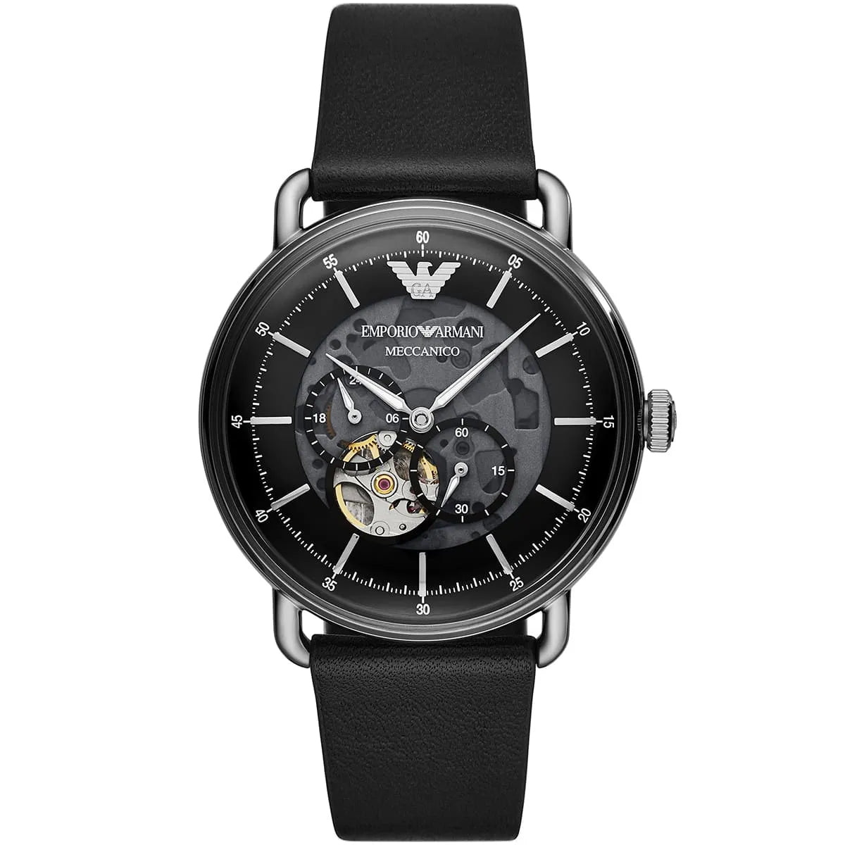 Emporio Armani Meccanico skeleton watch with black dial and black leather strap