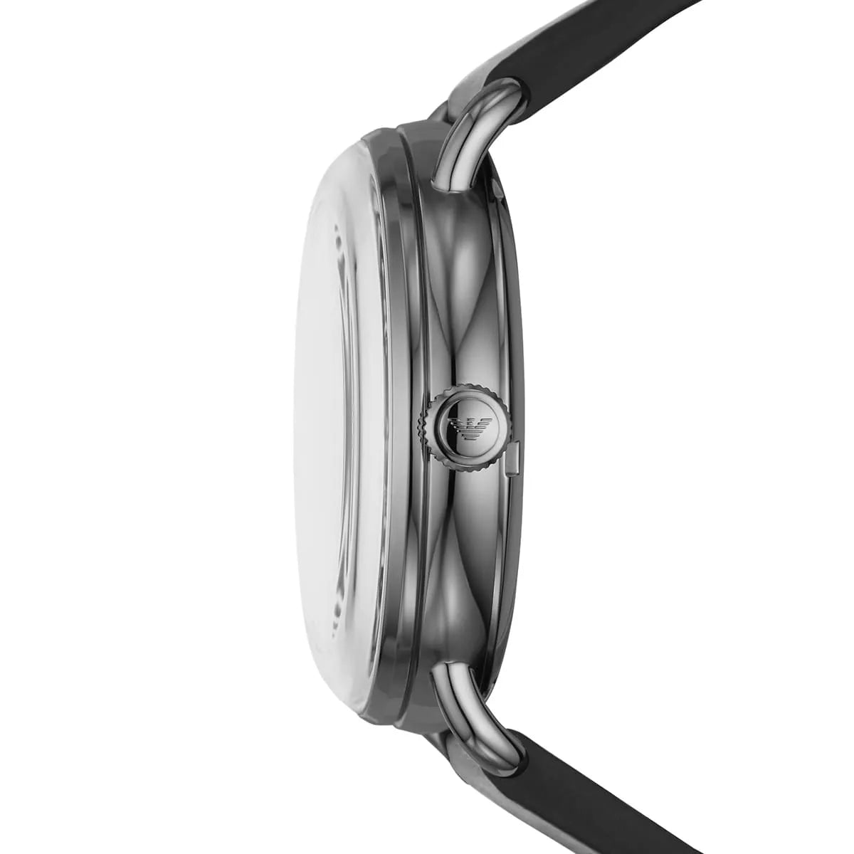 Emporio Armani Meccanico watch side view showing thin profile and black strap