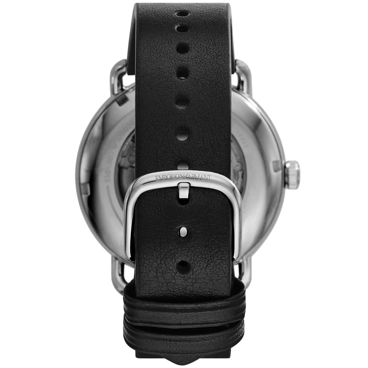 Emporio Armani Meccanico watch showing black leather strap and buckle from back
