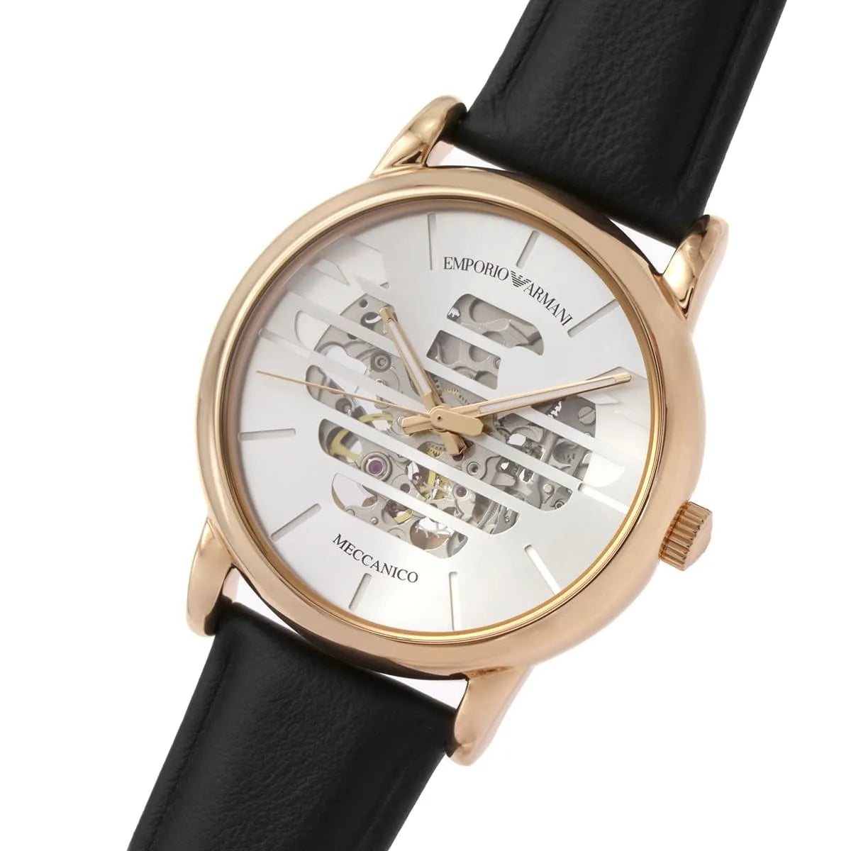 Emporio Armani Luigi automatic watch at angle displaying skeleton dial and rose gold case