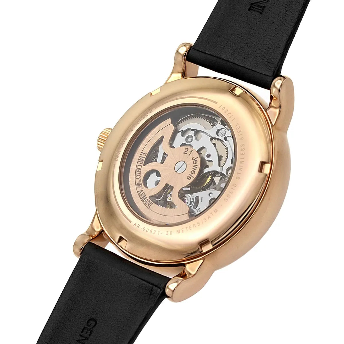 Emporio Armani Luigi automatic movement visible through transparent caseback with rose gold frame