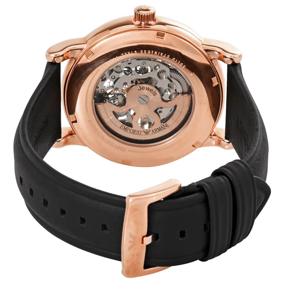 Emporio Armani Luigi watch caseback showing mechanical movement with rose gold case back