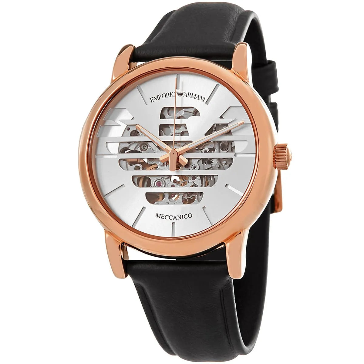 Emporio Armani Luigi skeleton watch face with visible mechanical movement and rose gold case